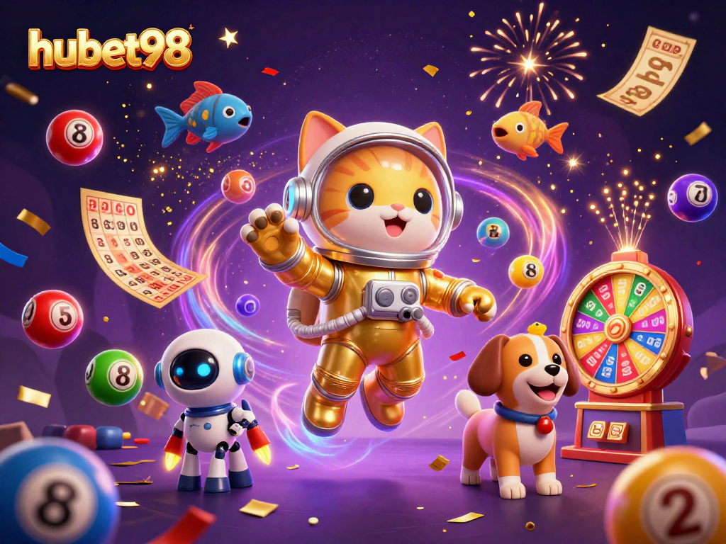 Engage with hubet98's thrilling casino world featuring an astronaut cat and dynamic gambling elements.