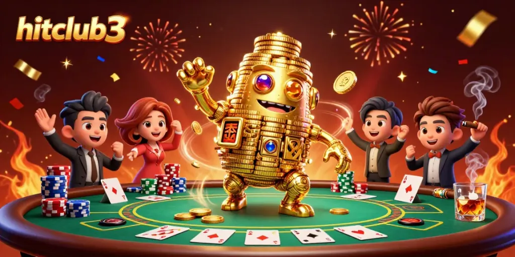 Engage in thrilling gameplay with hitclub3's vibrant scene showcasing a golden golem amid poker excitement.