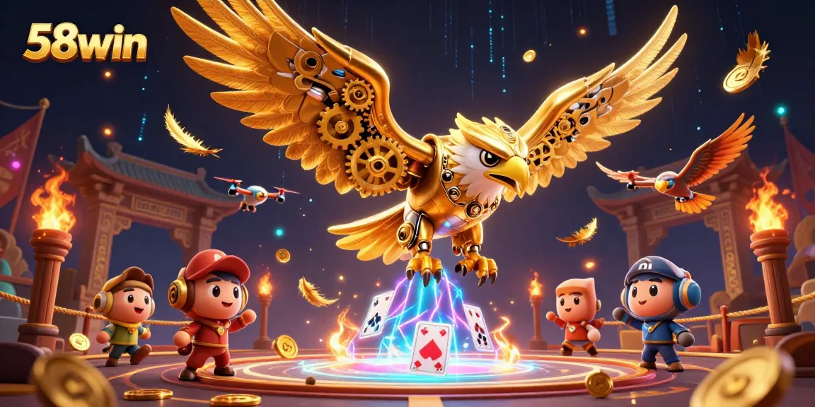 Experience thrilling wins at 58win, as a cybernetic eagle dives through holographic cards