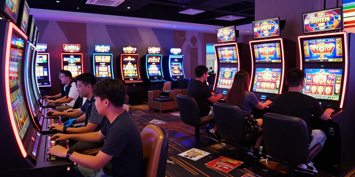 Exciting slot gacor gaming scene with enthusiastic players enjoying vibrant neon-lit gaming lounge.