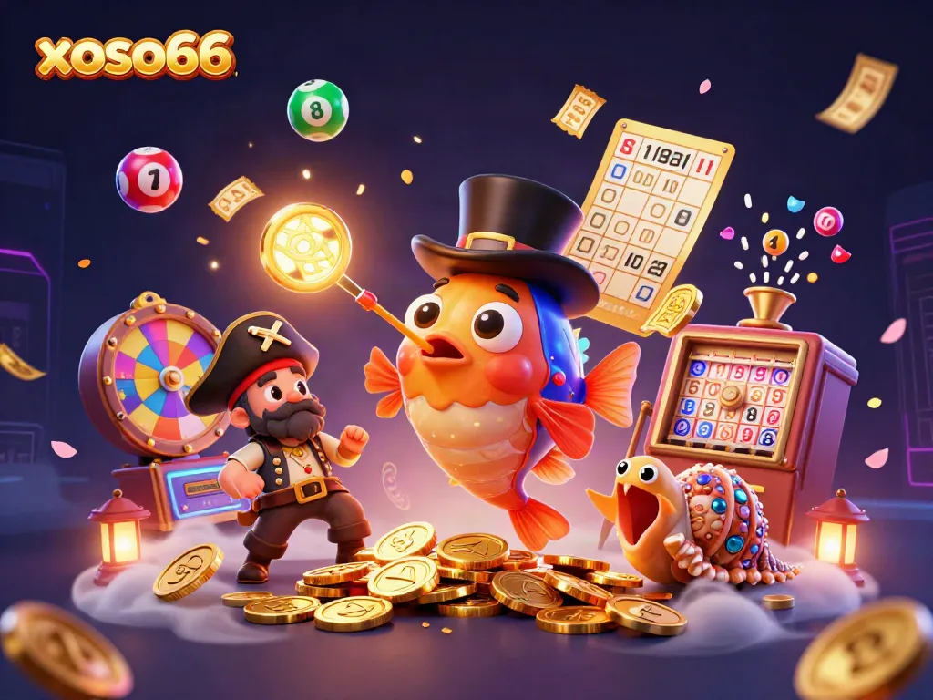 Engage in thrilling fun with xoso66 as an anglerfish and buddies attract prizes in a vibrant casino scene.