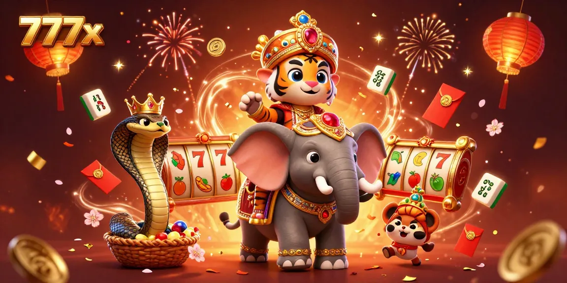 Experience thrilling slots at 777x, featuring vivid illustrations of prizes and festive elements.