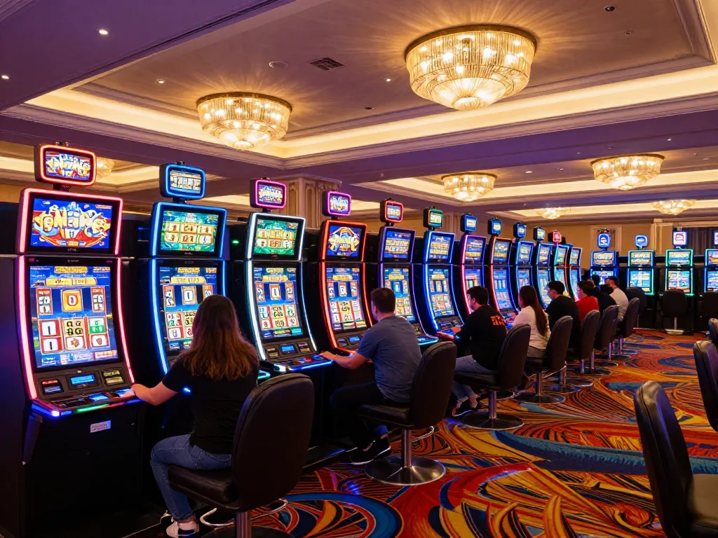 LC88 gaming scene with players engaging at colorful slot machines, showcasing excitement.