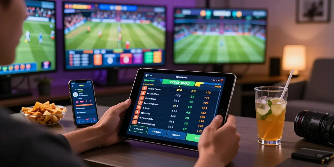 Interiér domácí kanceláře s živými sázkovými kancelářemi, sázkař sledující sportovní události na tabletu, zahraniční sázkové kanceláře