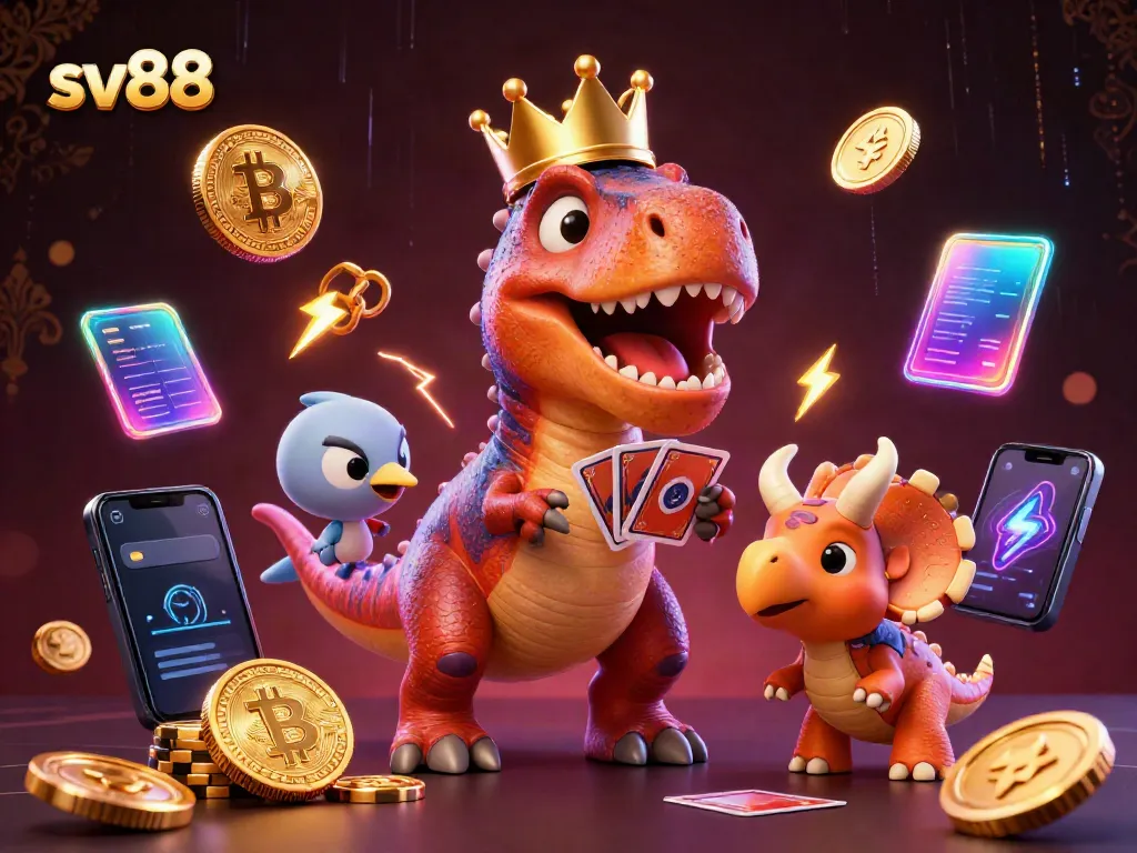Experience thrilling games at sv88 with a playful T-Rex card dealer and vibrant crypto elements.