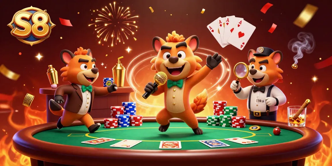 Experience S8's lively comedy casino with cartoon hyenas, vibrant poker action, and festive atmosphere.