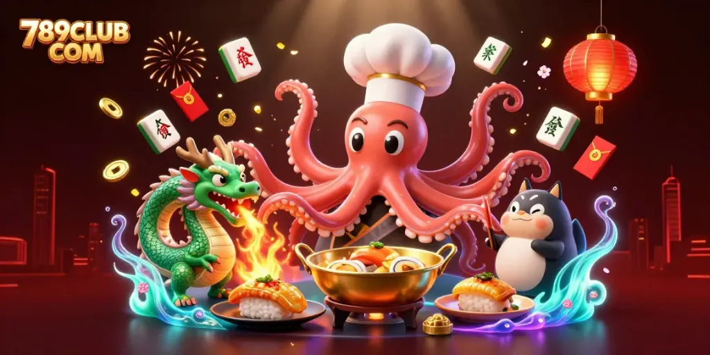 Experience the vibrant energy of 789CLUB COM with a lively scene featuring a cartoon octopus chef and friends in a bustling casino.