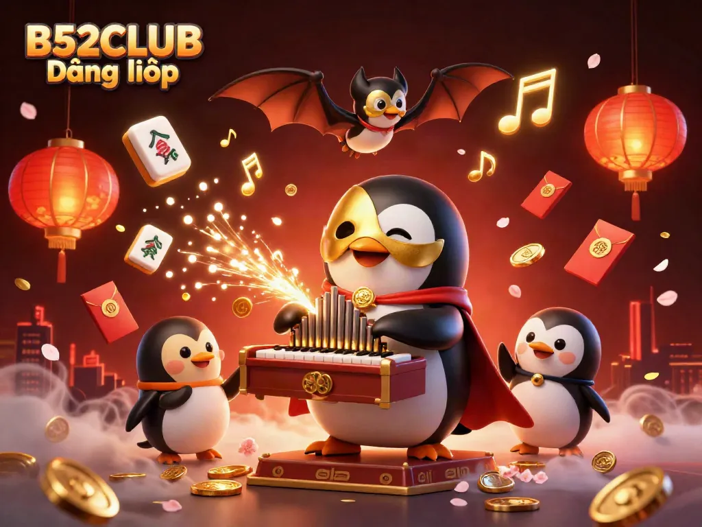Engage with B52CLUB Đăng nhập, featuring a whimsical penguin playing an organ amidst a vibrant casino scene.