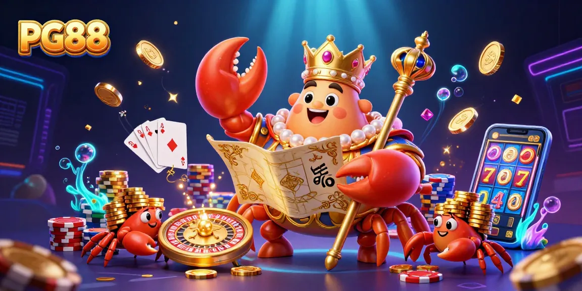 Experience the excitement at PG88 with a majestic golden crab emperor and dazzling casino elements.
