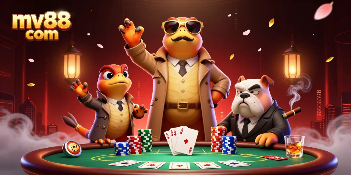 Join the fun at mv88 com with playful raptors entering a VIP casino surrounded by poker excitement.