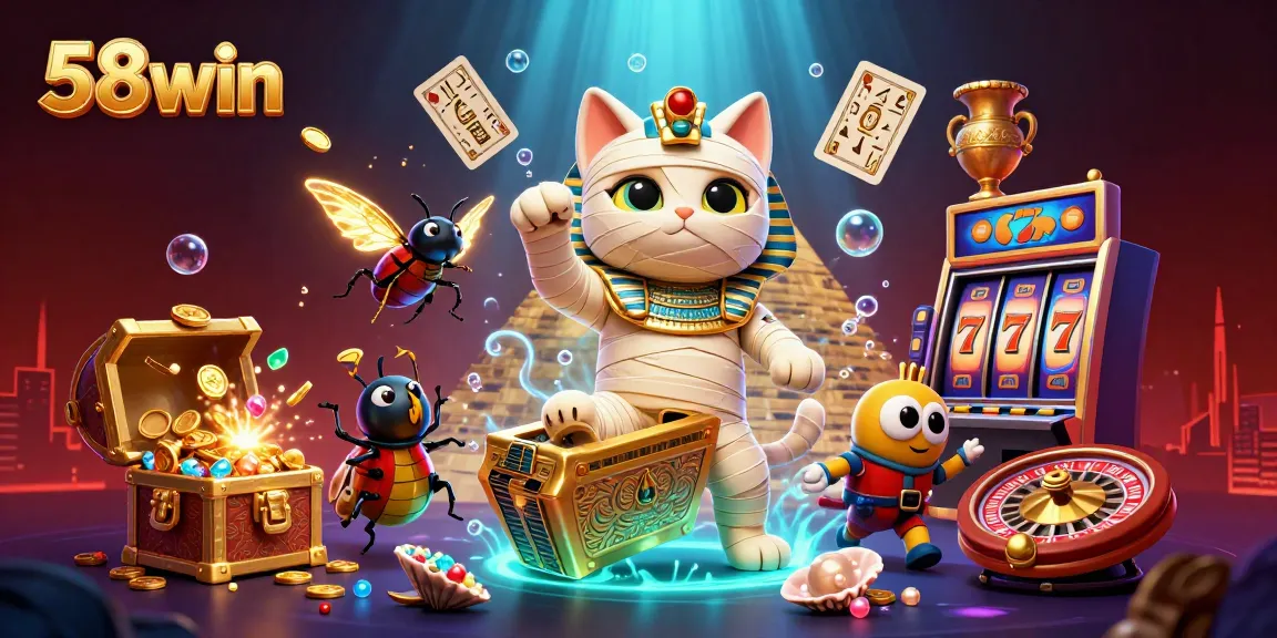 Experience the excitement of 58win with a vibrant, animated casino scene featuring unique characters and games.