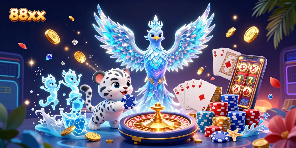 Engage with the 88xx casino world, featuring vibrant 3D elements and characters in lively gaming action.