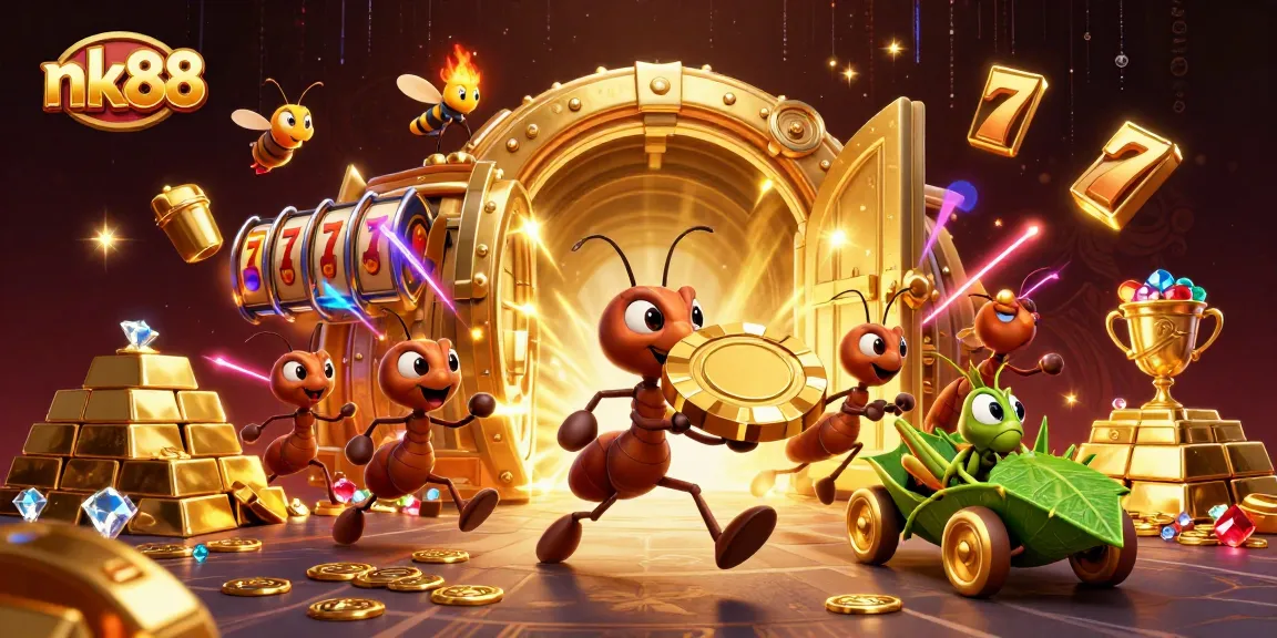Experience the excitement of nk88 featuring cartoon ants in a vibrant casino heist scene.