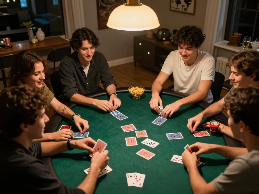Players enjoying a friendly game of poker at home, showcasing f8bet strategies in action.