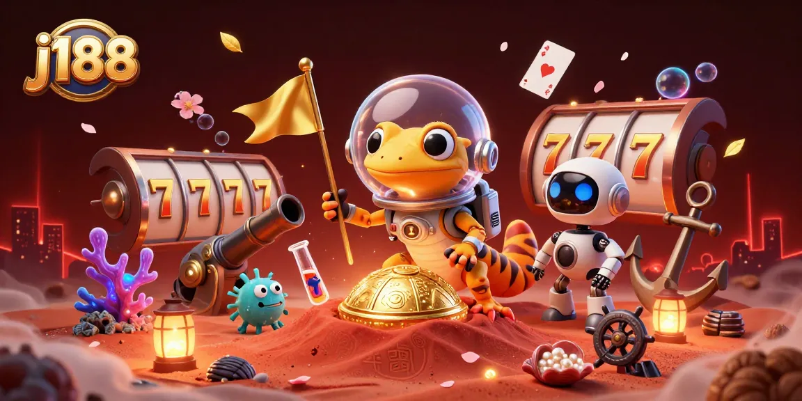 Experience j188's thrilling casino adventure with a playful Martian gecko amidst vibrant slots.