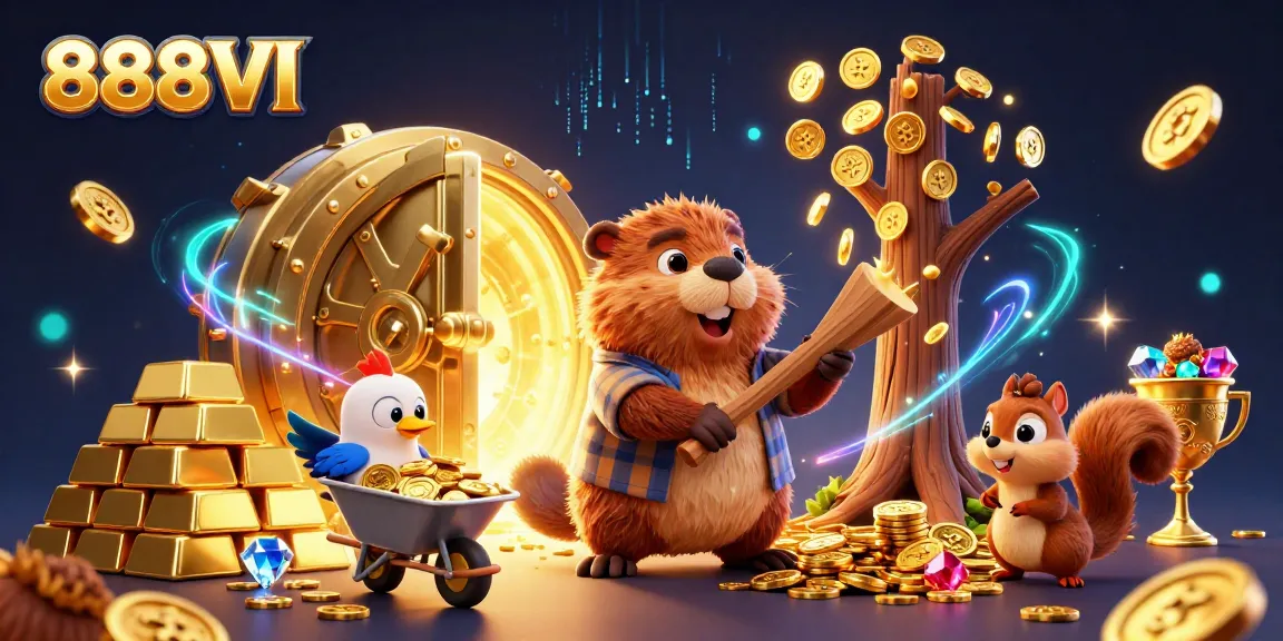 Join the adventure at 888VI as the beaver collects golden coins in a vibrant casino-themed illustration.