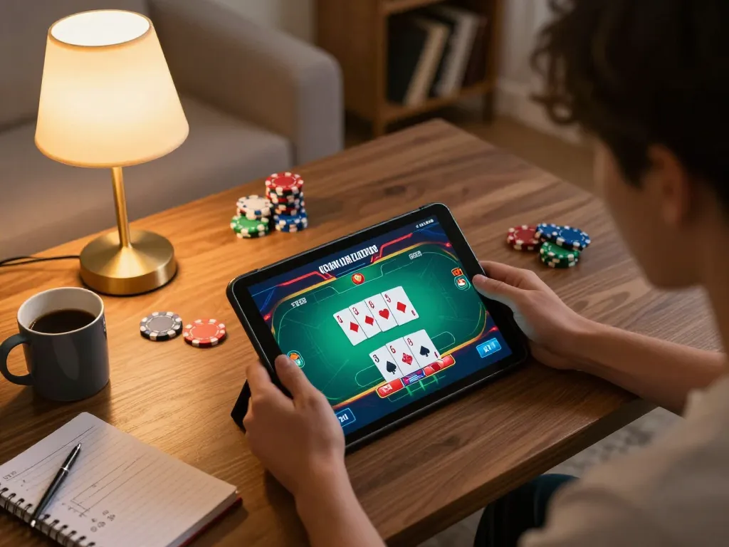Player immerses in a thrilling RR88 poker game on tablet, showcasing action and strategy.