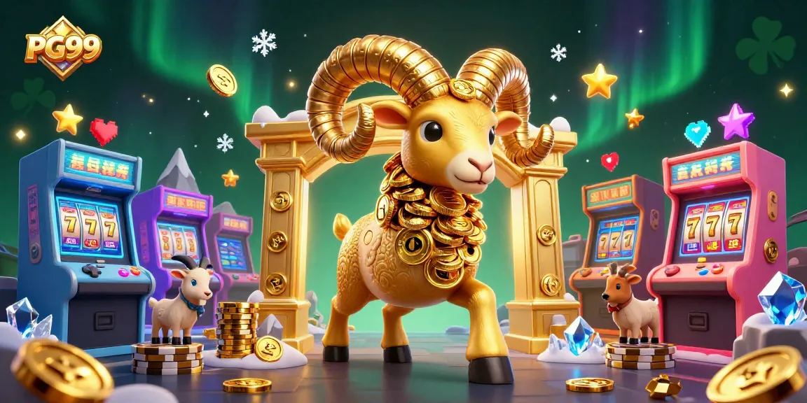 Engage in PG99's thrilling atmosphere featuring a golden ram charging at a casino gate amidst colorful arcade elements.
