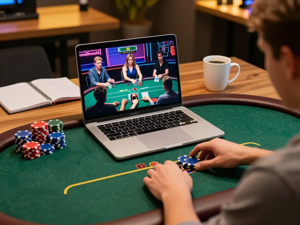 Engage with 98win com while playing an online poker game on a laptop, showcasing strategy notes and vibrant gameplay.