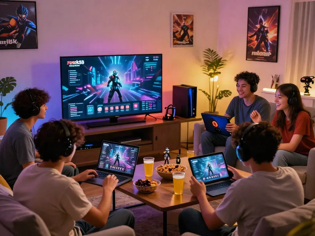 Exciting gaming session with friends engaging in rokok88 super, surrounded by snacks and gaming devices.