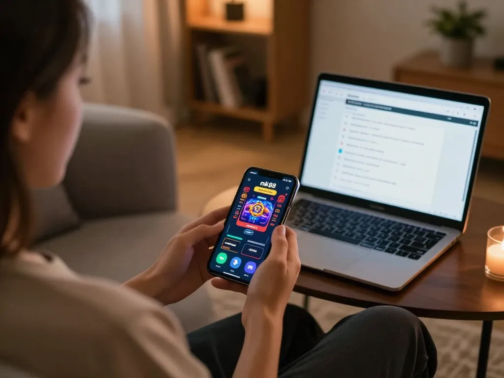 Engaging with the nk88 app for thrilling online casino gameplay in a cozy home setting.