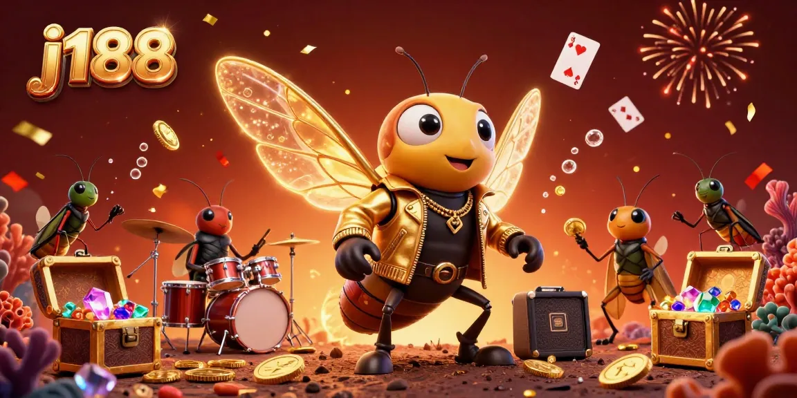 Engage with j188's dynamic 3D casino scene featuring a cicada rock star and vibrant elements.