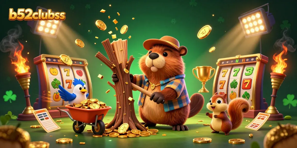 b52clubss showcases an exciting casino scene with a beaver collecting golden coins and slot elements.