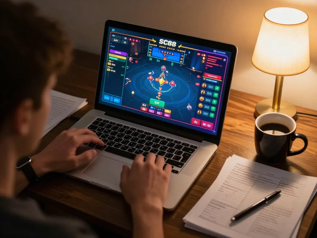 Engaging gameplay experience with SC88 on a laptop while strategizing in a cozy home setting.