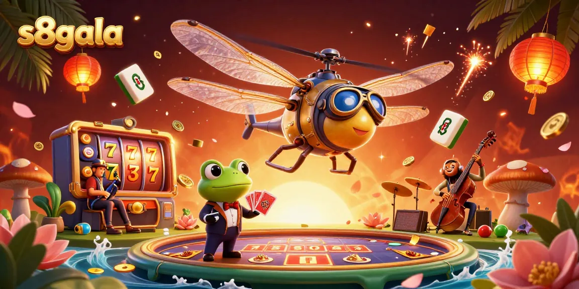 S8gala showcases a vibrant casino scene with a dragonfly pilot and a frog dealer, embodying excitement and luck.