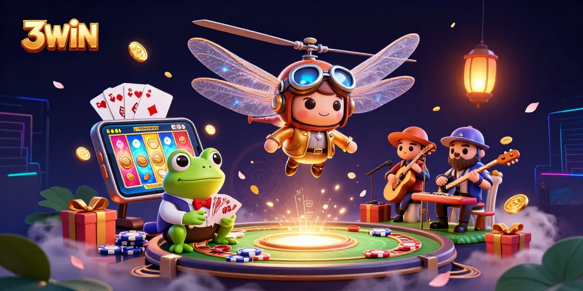 3WIN's thrilling gambling world showcased with a vibrant dragonfly pilot, frog croupier, and jade musicians.
