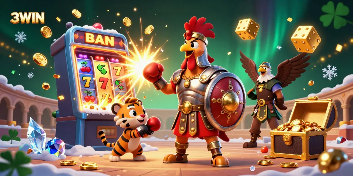 Experience the excitement of 3WIN with a vibrant 3D jackpot scene featuring a gladiator rooster and casino symbols.