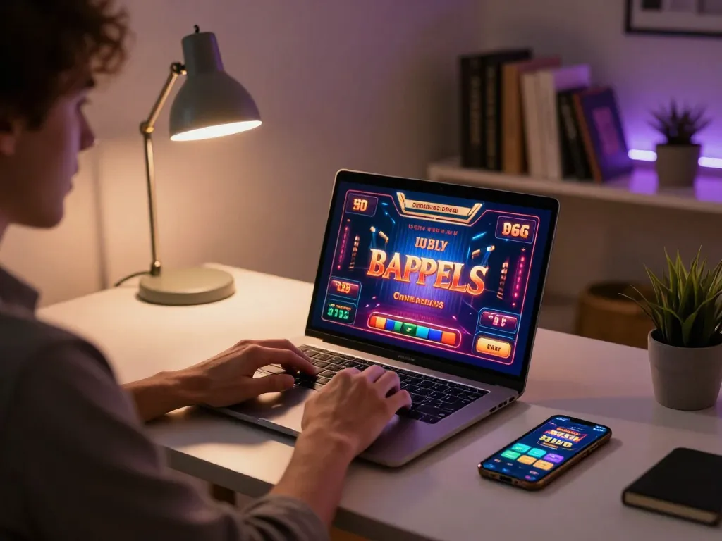 Experience online gambling excitement with mm88br on a laptop in a modern home office.