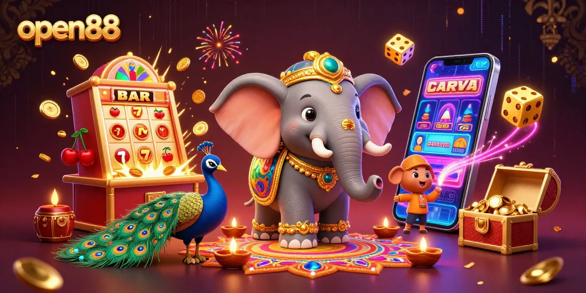 Engage with open88's vibrant casino world through a colorful 3D illustration of a jackpot celebration.