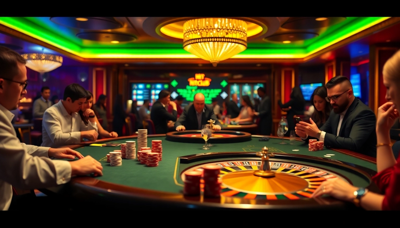 Hitclub gaming scene with vibrant tables, chips, and players engaged in high-stakes excitement.