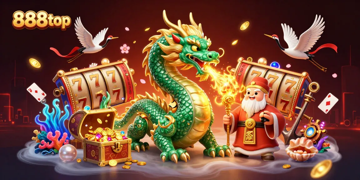 Engage with 888top's vibrant 3D casino scene featuring a jade dragon, lucky cranes, and dynamic gaming elements.
