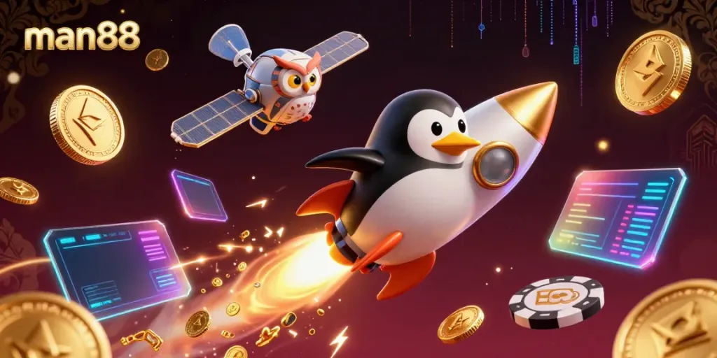 Experience thrilling action with man88 as the golden penguin rockets through a vibrant casino space, leaving trails of coins.