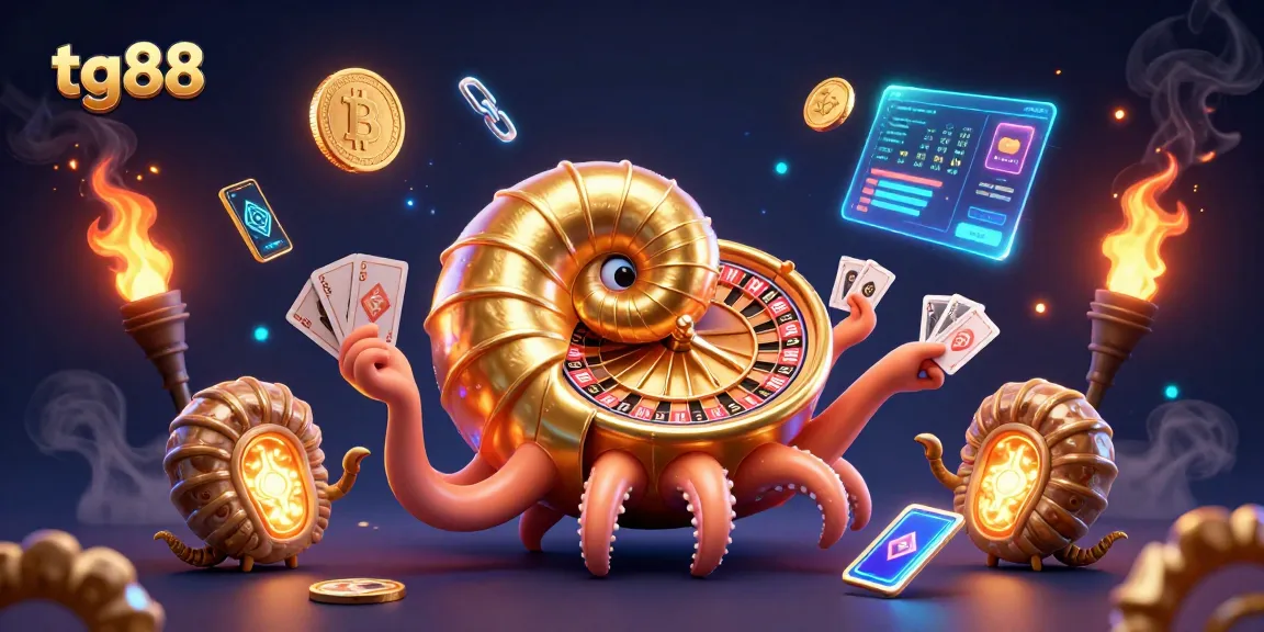 Engage with tg88 in this vibrant casino scene featuring a 3D ancient nautilus and glowing crypto elements.