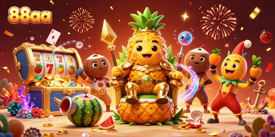 Experience the vibrant casino scene with 88aa as the golden pineapple king and colorful characters come alive.