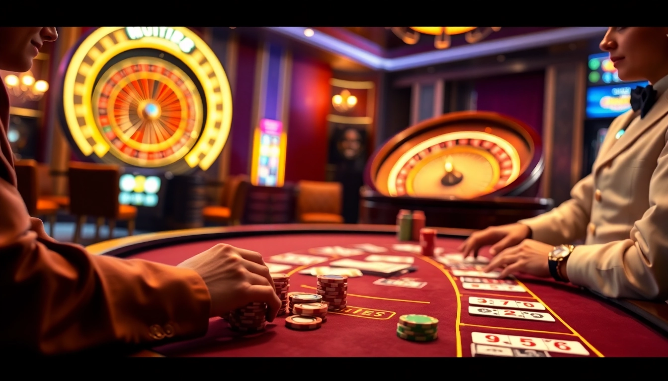 May88 players strategizing at a Blackjack table in a vibrant casino setting.