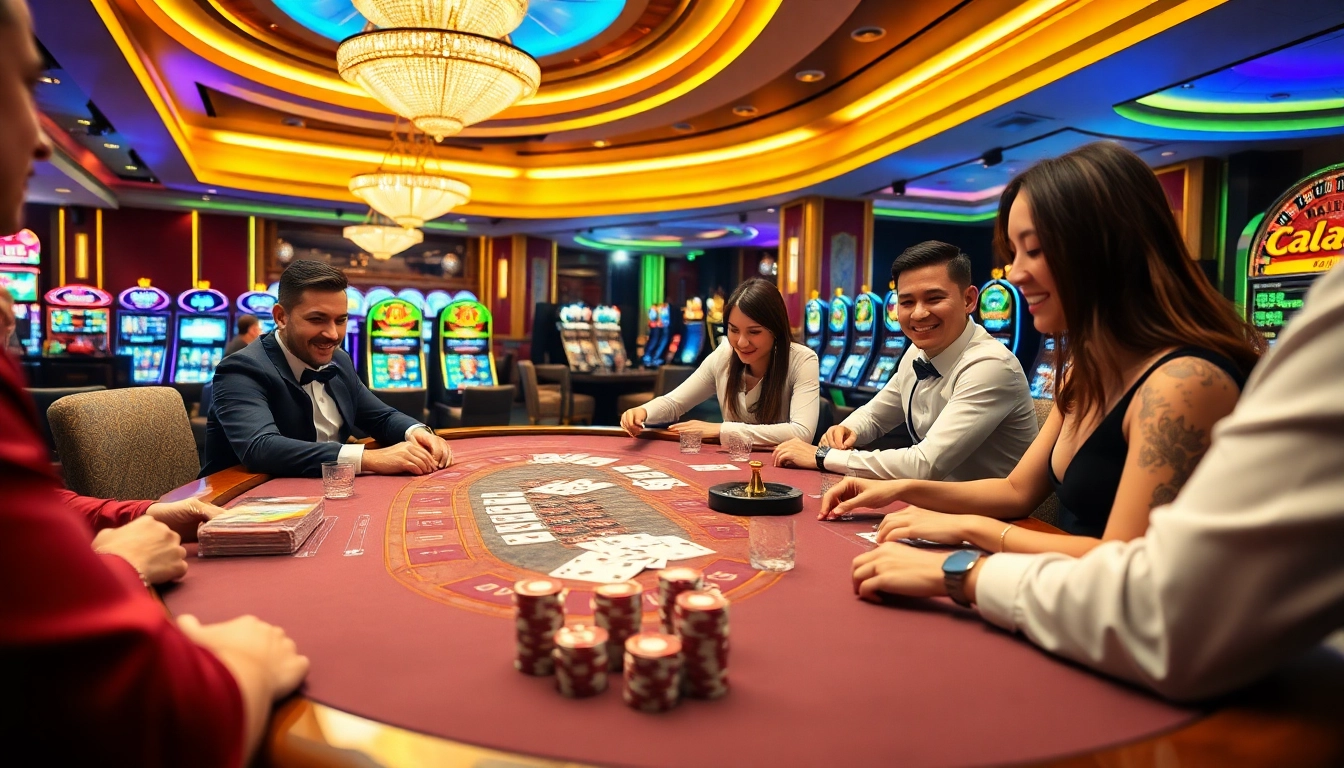 Hitclub players winning at a vibrant casino table with poker chips and cards.