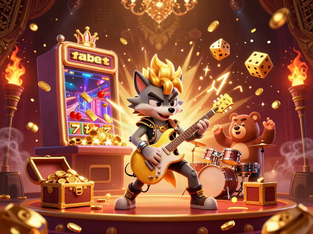 Experience the excitement of fabet with a thrilling casino scene featuring a rocking wolf and drumming bear.