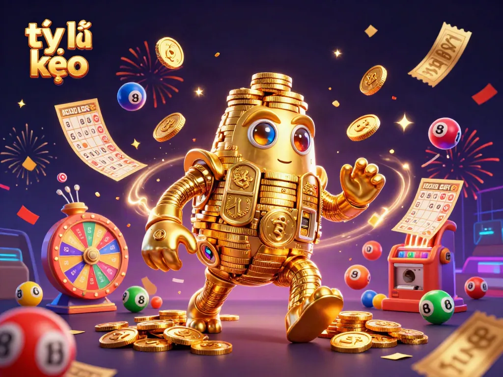 Engage with tỷ lệ kèo in a lively scene of a golden golem, lottery balls, and a spinning prize wheel.