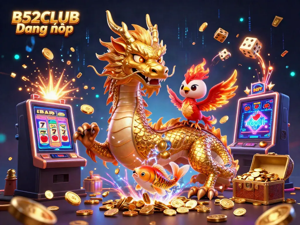 Experience the excitement at B52CLUB Đăng nhập with a stunning casino illustration featuring a golden dragon, phoenix, and vibrant game elements.