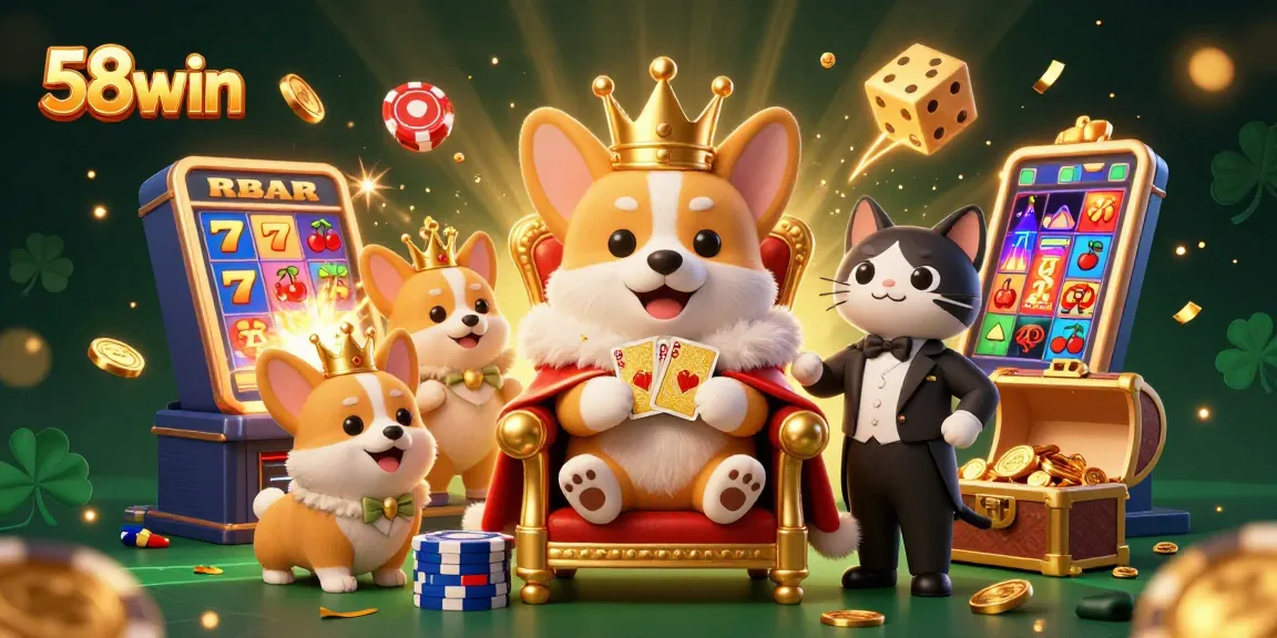 Experience thrilling slots at 58win as the royal corgi leads a jackpot celebration.