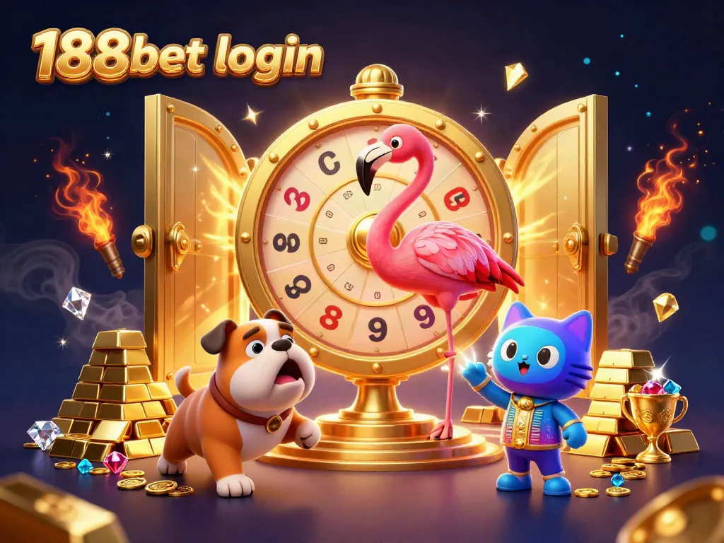 Engage with 188bet login in a vibrant casino scene featuring gold elements and dynamic characters.