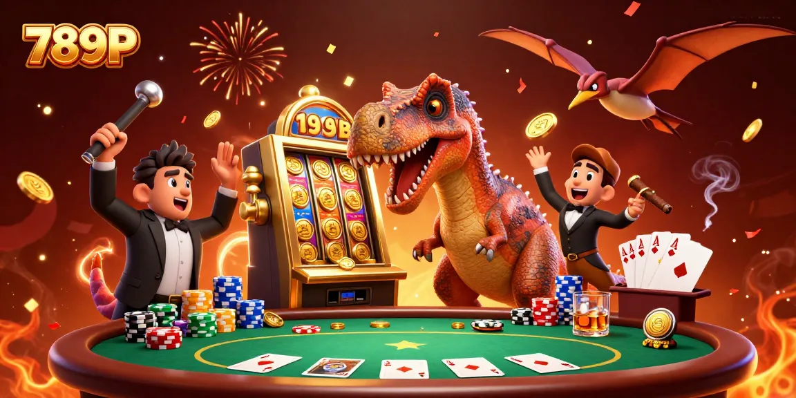 Experience the thrill of 789P as a dinosaur mascot engages with a golden slot machine, capturing the excitement of casino gaming.