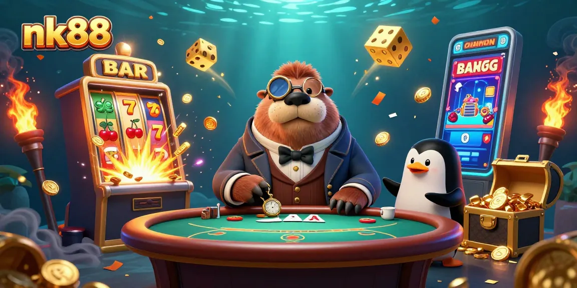 Join the exciting nk88 underwater casino with a jolly walrus, penguin dealer, and pufferfish player.