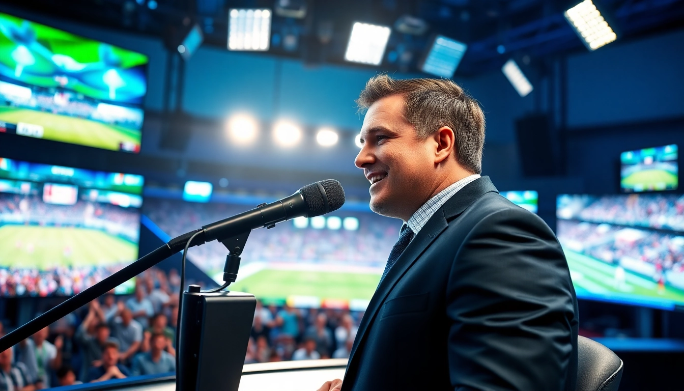 Engaging sports broadcasting host delivering insights in a vibrant studio.