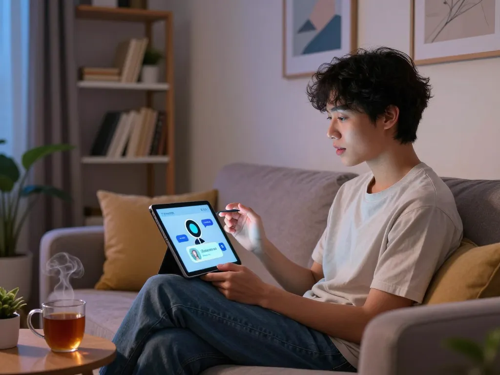 Engaging conversation with a girlfriend AI on a tablet in a cozy room