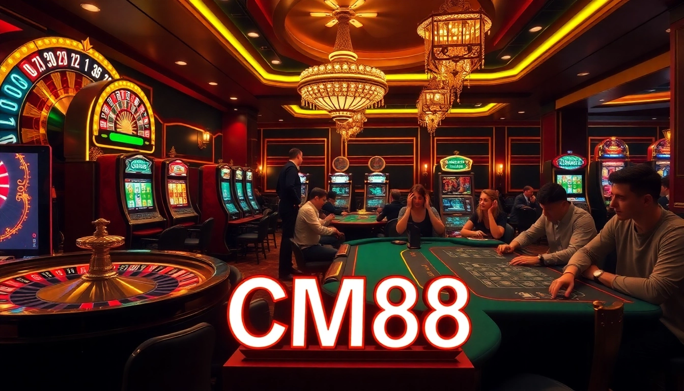 Experience the excitement of CM88 with players at vibrant casino tables and glowing slot machines.